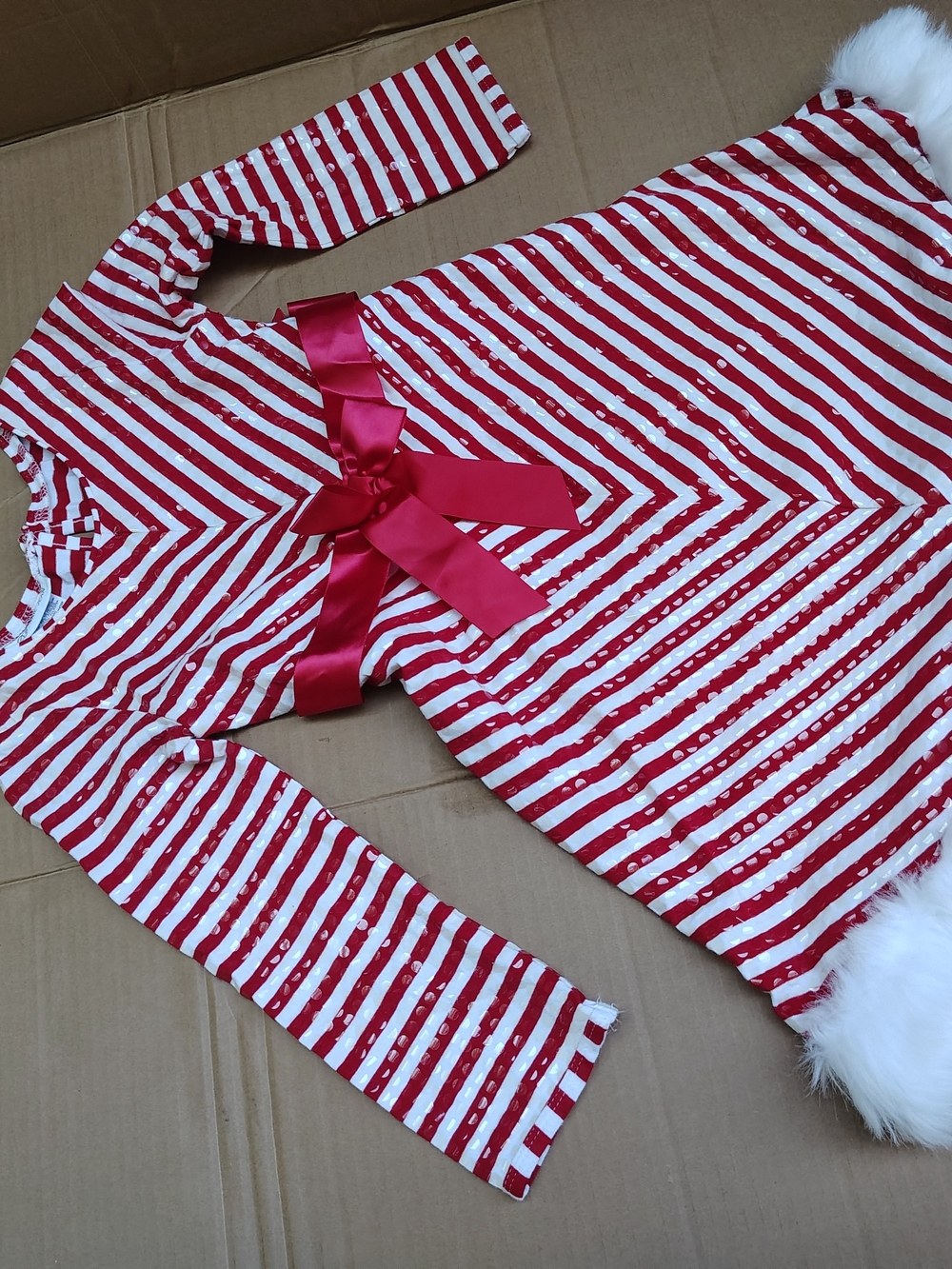 Bonnie Jean Red and White Striped Holiday Dress with Satin Bow